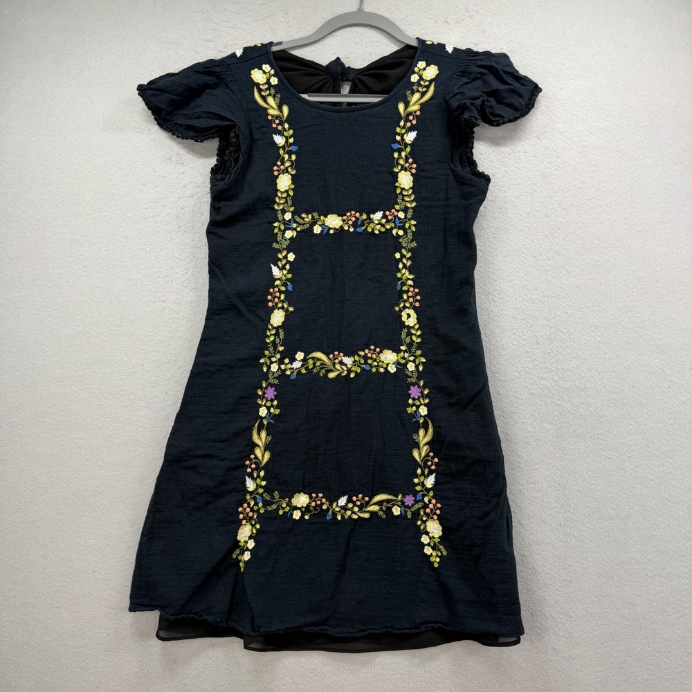 Ranna Gill Women's Small Black Floral Embroidered Dress Black Cap Sleeve
